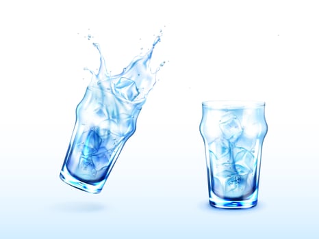 Glass with water splash and ice cubes vector