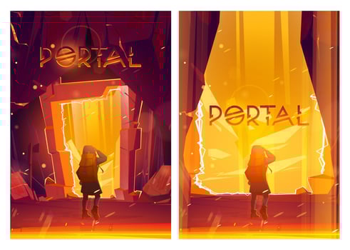 Portal cartoon posters, traveler at magic teleport vector