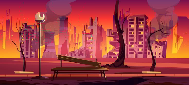 Destroyed city park, war zone, abandoned garden vector