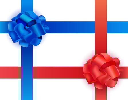 Vector set of shiny blue and red satin crosswise ribbons and bows on white background. Realistic illustration. Christmas, New Year and other holidays present decor.