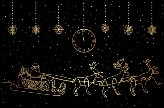 Winter Christmas landscape with beautiful falling snow, sleigh with Santa Claus and deer. holiday card. vector