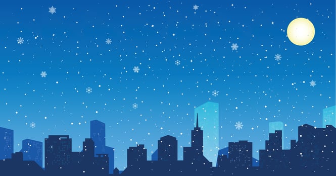 Night cityscape Christmas background with falling snow, and lights. The city in the winter during the night. vector