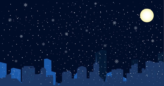 Night cityscape Christmas background with falling snow, and lights. The city in the winter during the night. vector