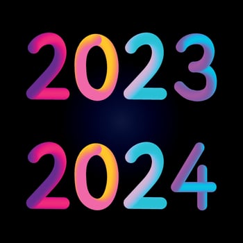 Happy new year 2023 2024 future metaverse neon text neon with metal effect, numbers and futurism lines. Vector greeting card, banner, congratulation poster 3d illustration.
