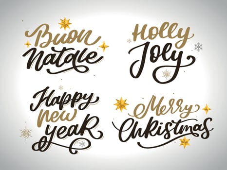 Merry Christmas set 2023 Happy New Year, typography lettering badge emblems quotes set collection. Vector logo design for postcard, invitation, greeting card, poster, gift.