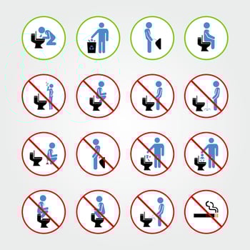 Set of toilet signs. WC icons. Restroom Signs Illustration. No pee sign. Set of prohibition signs. vector