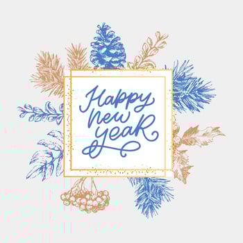 Merry Christmas and Happy New Year Abstract Botanical Card with Square Frame Banner and Modern Typography. Green and Pink Pastel Colors Greeting Layout. Isolated. vector