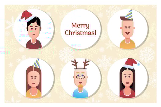 Happy New Year and Christmas greeting. Guys and girls in festive headdresses in flat design style vector