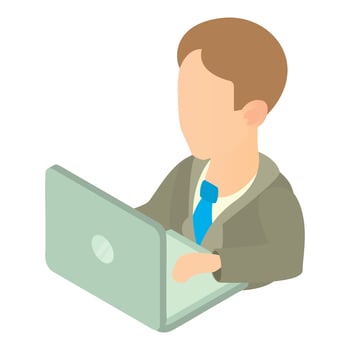Businessman using his laptop icon, cartoon style vector