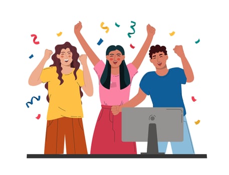 Colleagues woman and  men rejoice winning tender. Signing an important contract. Vector illustration flat style