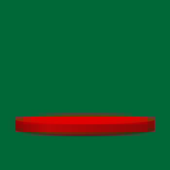 blank round pedestal. red podium on green background with copy space vector