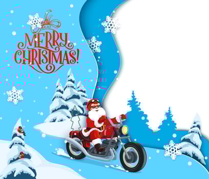 Christmas paper cut cartoon santa on bike template vector