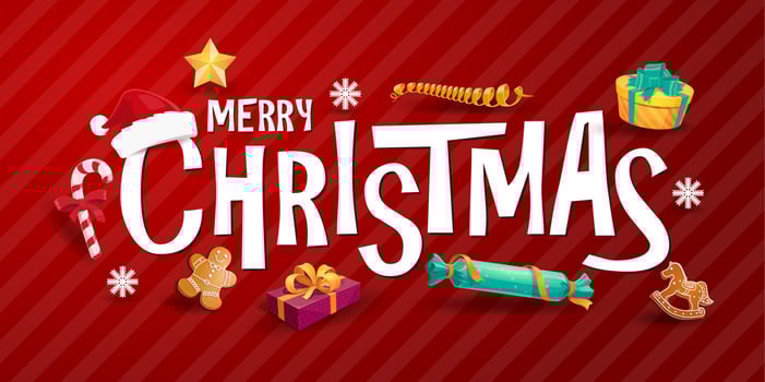 Christmas lettering, holiday items and Santa gifts vector