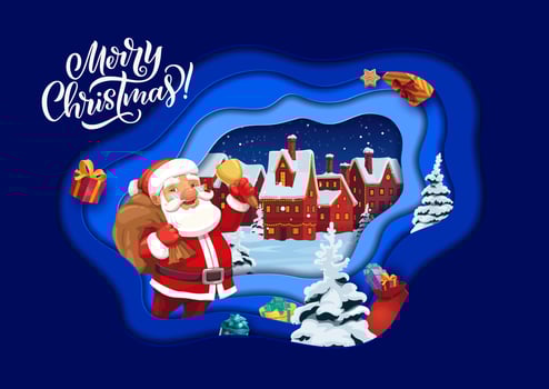 Christmas paper cut cartoon Santa in winter town vector