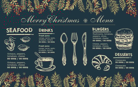 Christmas menu cafe. Food flyer. Restaurant menu. Template design. vector