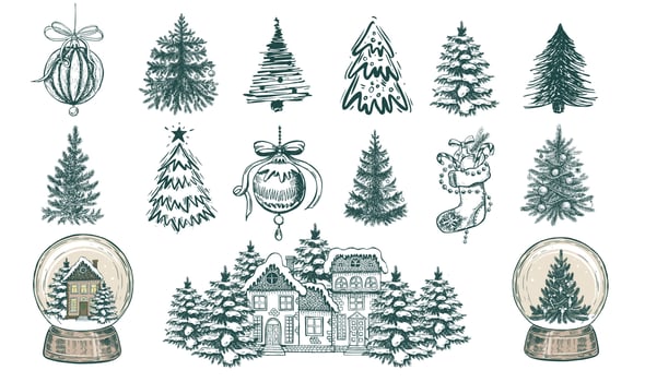 Christmas tree set, Christmas ball set. Hand drawn illustration. vector