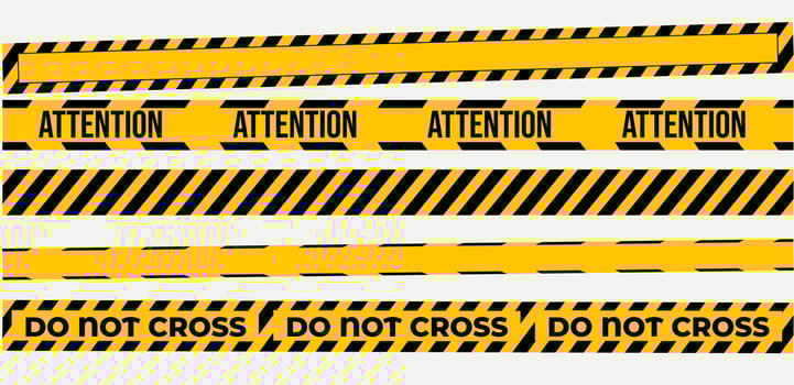Warning tapes set for construction and crime. Vector illustaration. Yellow security warning tapes set Caution