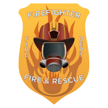 Firefighter insignia. Firefighter mask, helmet and axes behind on shield badge. Colorful PNG illustration.