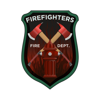 Firefighter Badge in realistic style. Firefighter axes and hydrant on shield insignia. Colorful illustration. png