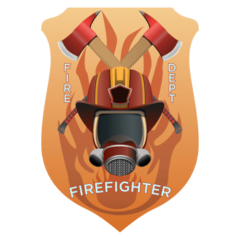 Firefighter insignia. Firefighter mask, helmet and axes behind on shield badge. Colorful PNG illustration.