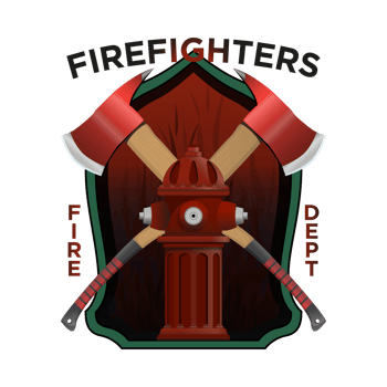Firefighter Insignia in realistic style. Firefighter axes and hydrant on shield Badge. Colorful PNG illustration.