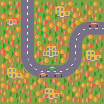 Plan of village. Landscape with the road, forest, cars and houses. Vector illustration