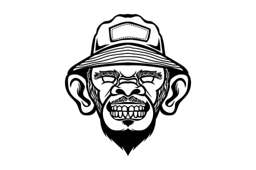 monkey head using bucket hat black white vector logo