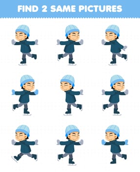 Education game for children find two same pictures of cute cartoon boy playing ice skating printable winter worksheet vector