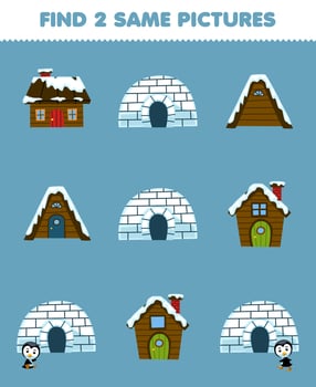 Education game for children find two same pictures of cute cartoon igloo and house printable winter worksheet vector