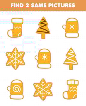 Education game for children find two same pictures of cute cartoon biscuit with sock mitten tree snowflake shape printable winter worksheet vector