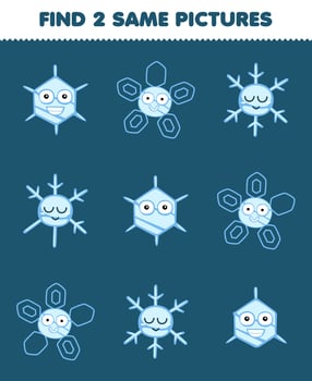 Education game for children find two same pictures of cute cartoon snowflake printable winter worksheet vector