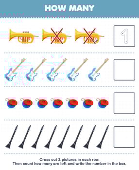 Education game for children count how many cartoon trumpet bass guitar castanet clarinet and write the number in the box printable music instrument worksheet vector