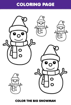 Education game for children coloring page big or small picture of cute cartoon snowman line art printable winter worksheet vector