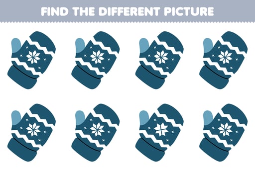 Education game for children find the different picture of cute cartoon blue mitten printable winter worksheet vector