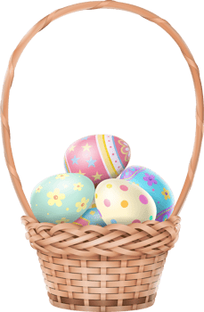 Happy Easter day colorful eggs in basket with flowers png