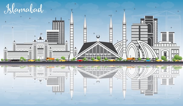 Islamabad Skyline with Gray Buildings, Blue Sky and Reflections. vector
