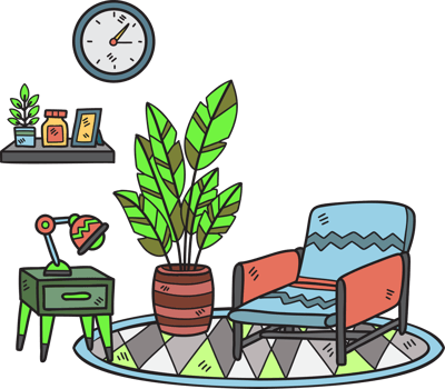 Hand Drawn Armchair with plants and shelves interior room illustration png