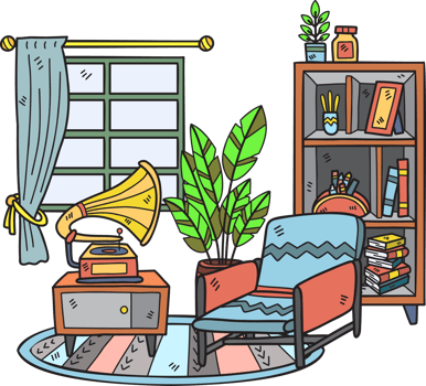 Hand Drawn armchair with window and shelf interior room illustration png
