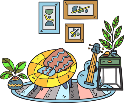 Hand Drawn Armchair with guitar and plant interior room illustration png