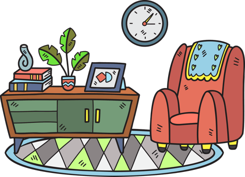 Hand Drawn sofa and shelves interior room illustration png