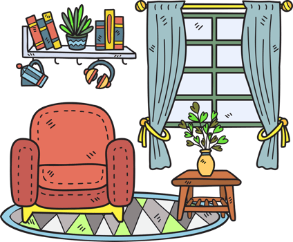 Hand Drawn sofa and window interior room illustration png
