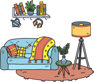 Hand Drawn couch with lamps on the carpet interior room illustration png