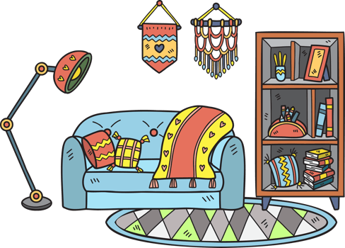 Hand Drawn couch with lamps and shelves interior room illustration png