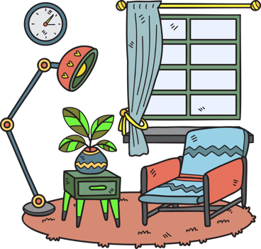 Hand Drawn Armchair with plants and lamp on carpet interior room illustration png