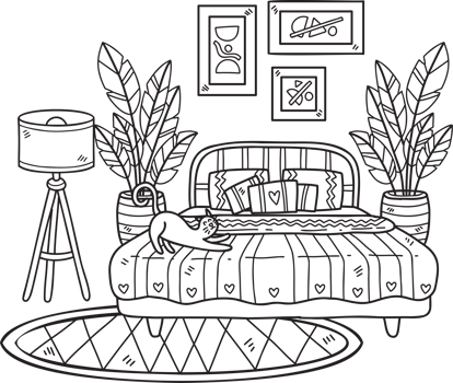 Hand Drawn bed with lamp and plants interior room illustration png