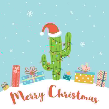 Alternative Christmas concept Cactus tree, gifts present boxes on snowy light blue background Hand drawn cute funny cactus in Santa hat. Text Merry Christmas. Graphic drawing. Vector illustration.