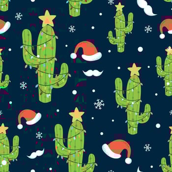 Cactus Christmas seamless pattern Alternative holiday with Christmas cactus light Santa hat mustache snowflakes. Dark background Spanish Graphic Christmas wrap package wallpaper. Vector illustration.
