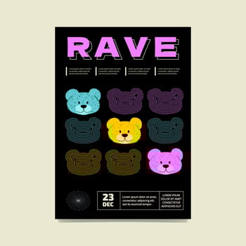 A colourful rave poster with acid bear faces and their contours and text. Abstract festival artwork. vector