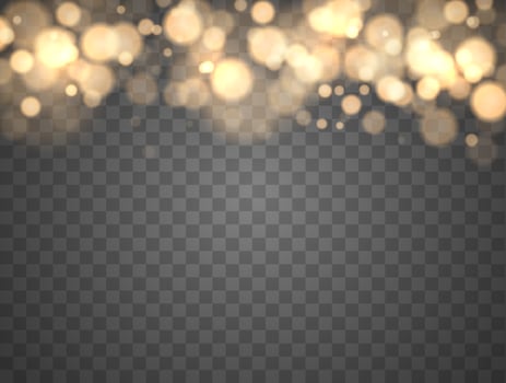 Golden bokeh lights with glowing particles isolated. vector