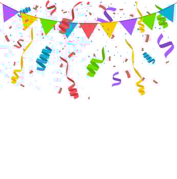 Falling confetti with flag garlands, birthday vector background